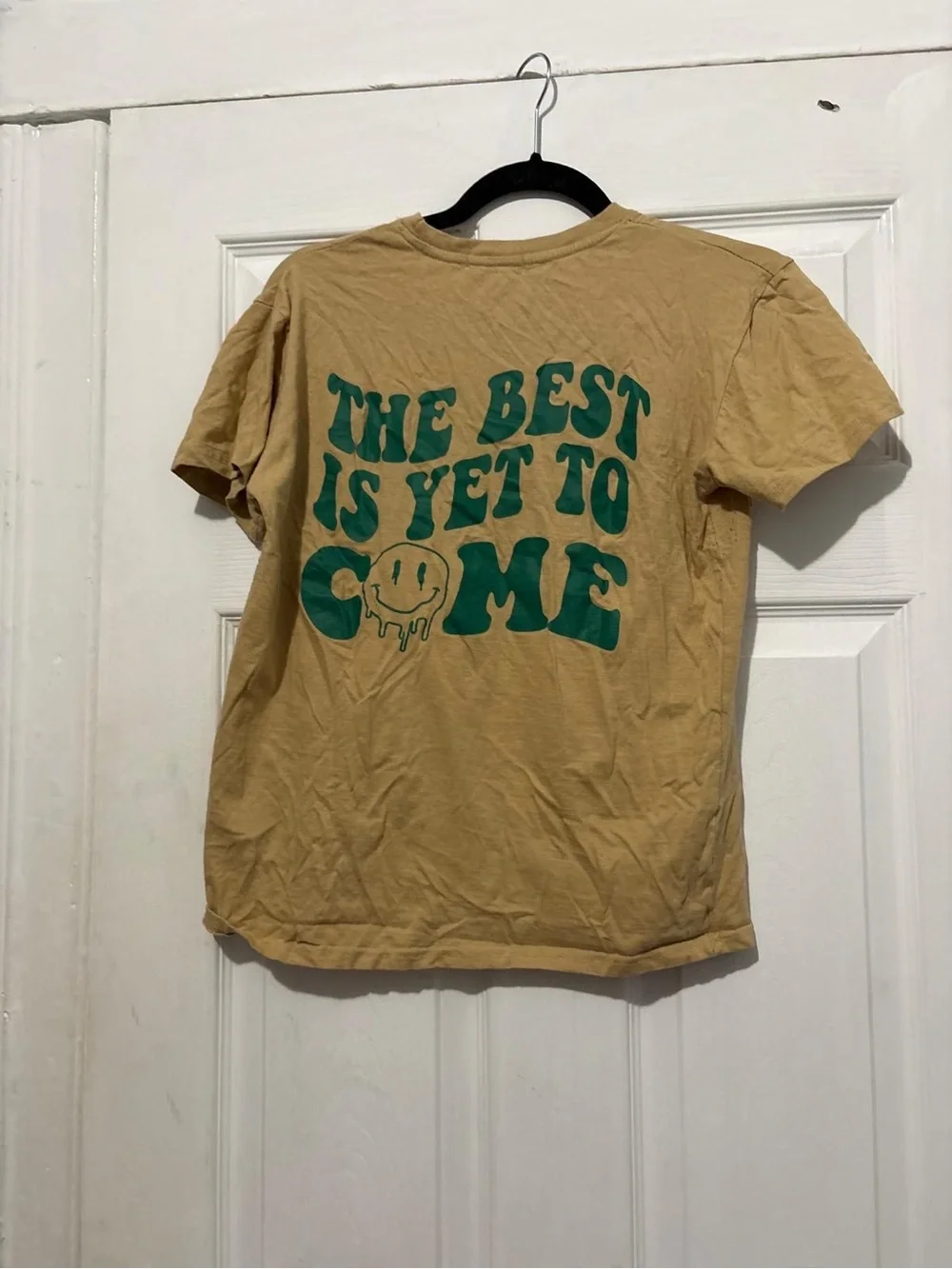 Fashion Nova Tan Tee with Green Drip Smile Graphic